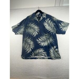 Tommy Bahama Hawaiian Shirt Men Large Blue Leaf Print Silk Camp Collar Button Up